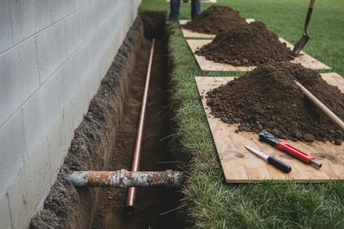 Excavated water line trench during Water Softener Installation in Crockett